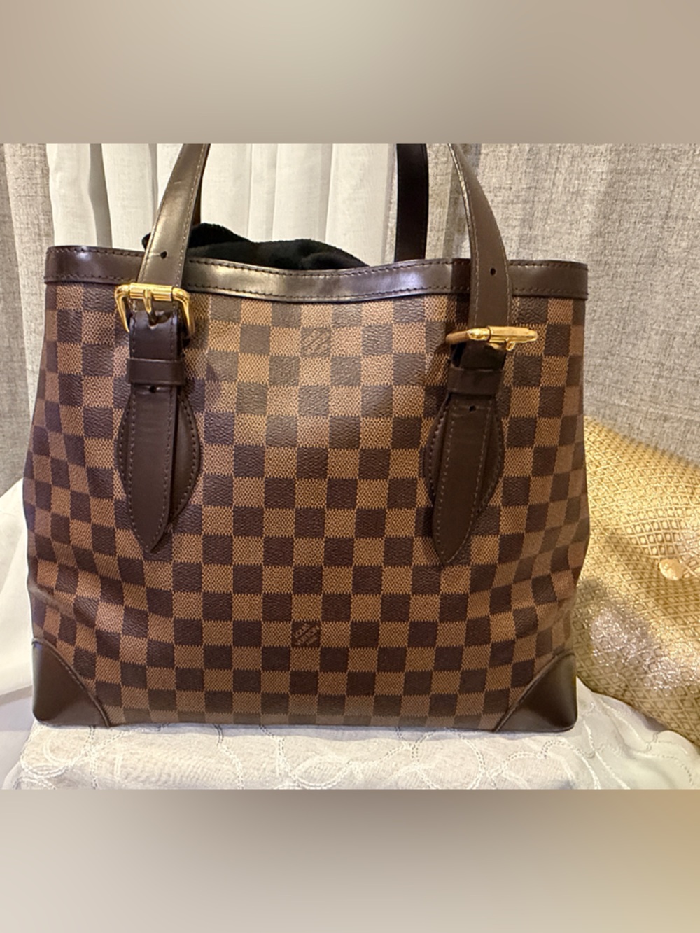 Louis Vuitton Brown Damier Ebene Hampstead Shoulder Tote with Gold Hardware - Picture 7 of 8